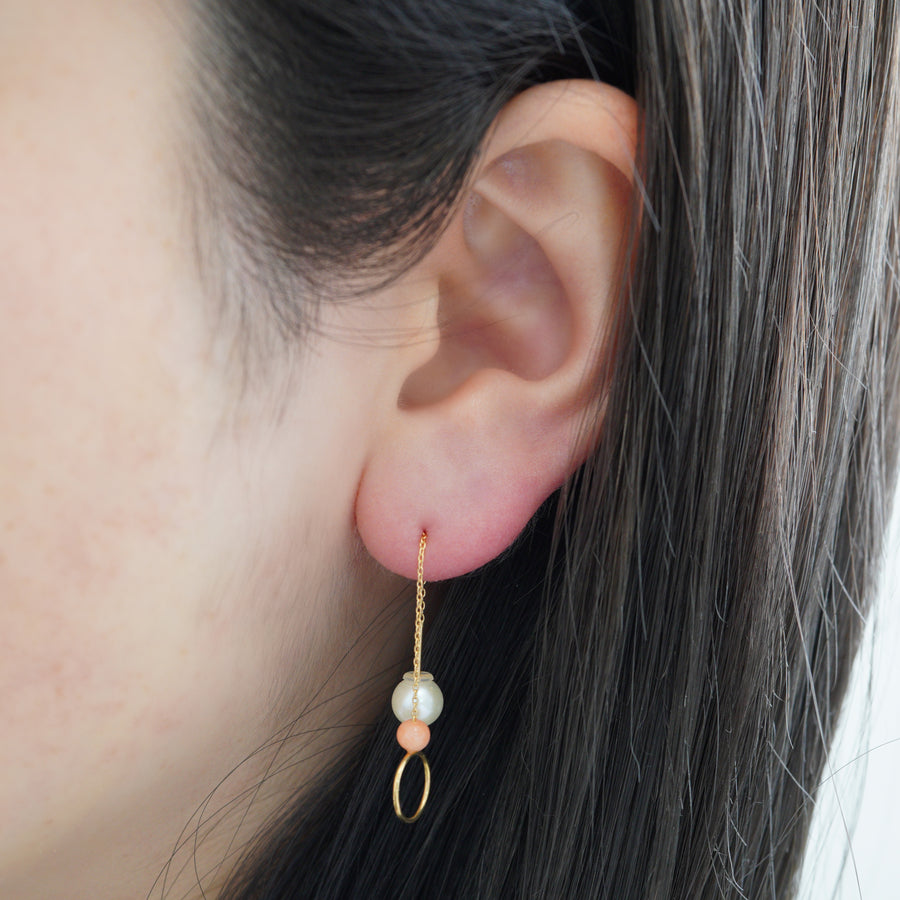 【 Online limited 】tiny ring chain pierced earring / pink coral
